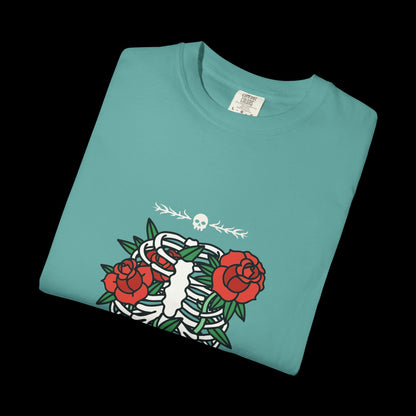 Dark Flower Ribcage Skeleton with Red Roses Graphic Tee