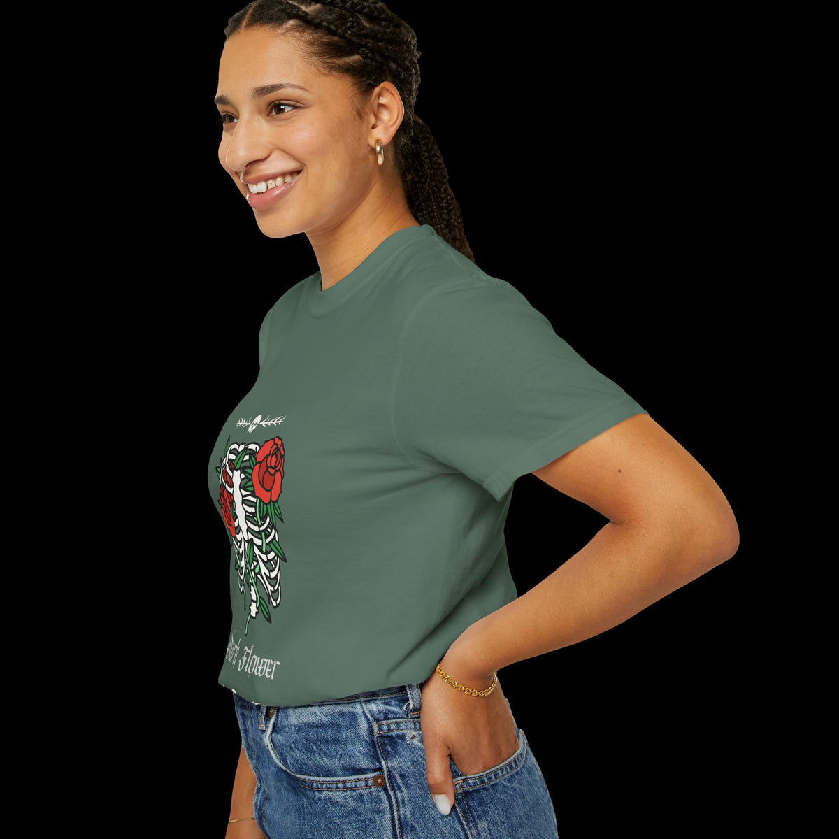 Dark Flower Ribcage Skeleton with Red Roses Graphic Tee