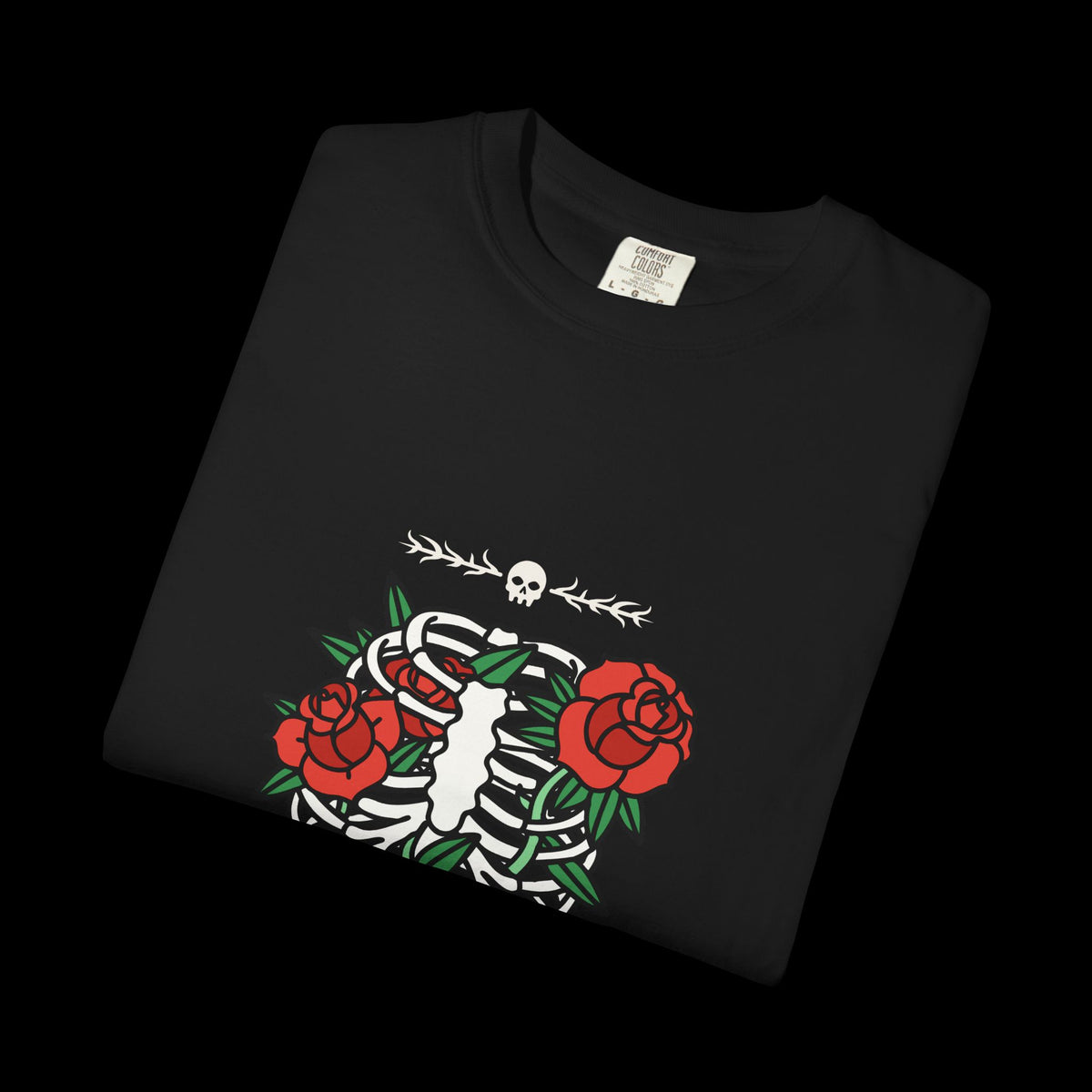 Dark Flower Ribcage Skeleton with Red Roses Graphic Tee